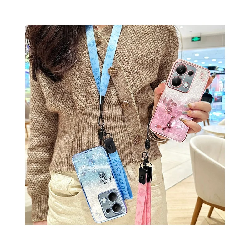 KADEM Cover per Xiaomi Redmi Note 13 Pro 4G / Note 14S 4G / Poco M6 Pro 4G, Cover TPU Sfumata con Motivo Floreale e Cordino - Oro Rosa