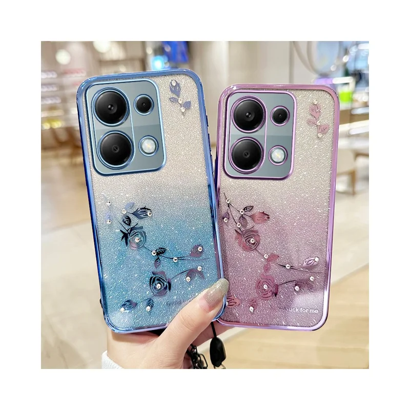 KADEM Cover per Xiaomi Redmi Note 13 Pro 4G / Note 14S 4G / Poco M6 Pro 4G, Cover TPU Sfumata con Motivo Floreale e Cordino - Oro Rosa