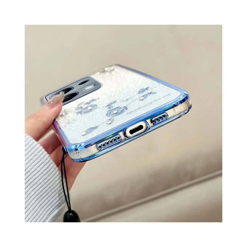 KADEM Cover per Xiaomi Redmi Note 13 Pro 4G / Note 14S 4G / Poco M6 Pro 4G, Cover TPU Sfumata con Motivo Floreale e Cordino - Oro Rosa