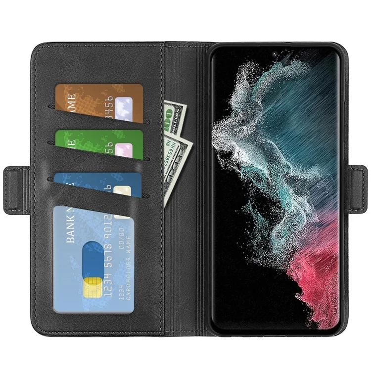 Para Samsung Galaxy S23 Ultra Calf Texture PU Leather Dual Magnetic Clasp Phone Case Anti-scratch Stand Wallet Cover - Negro