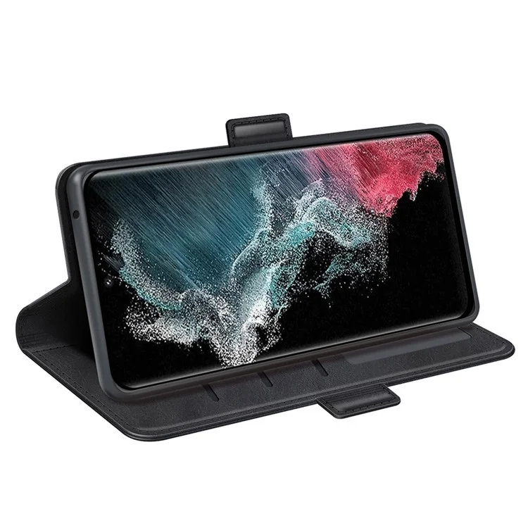 Para Samsung Galaxy S23 Ultra Calf Texture PU Leather Dual Magnetic Clasp Phone Case Anti-scratch Stand Wallet Cover - Negro