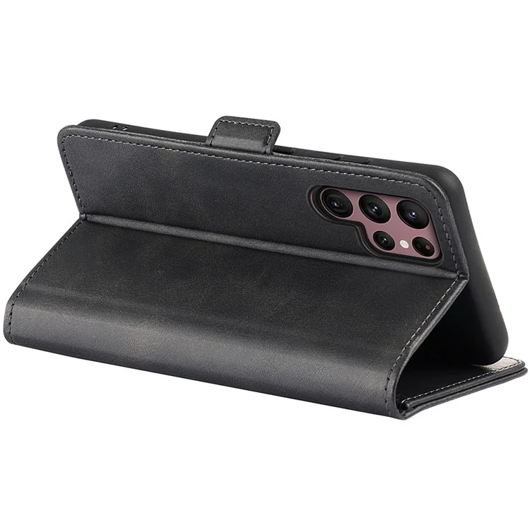 Para Samsung Galaxy S23 Ultra Calf Texture PU Leather Dual Magnetic Clasp Phone Case Anti-scratch Stand Wallet Cover - Negro