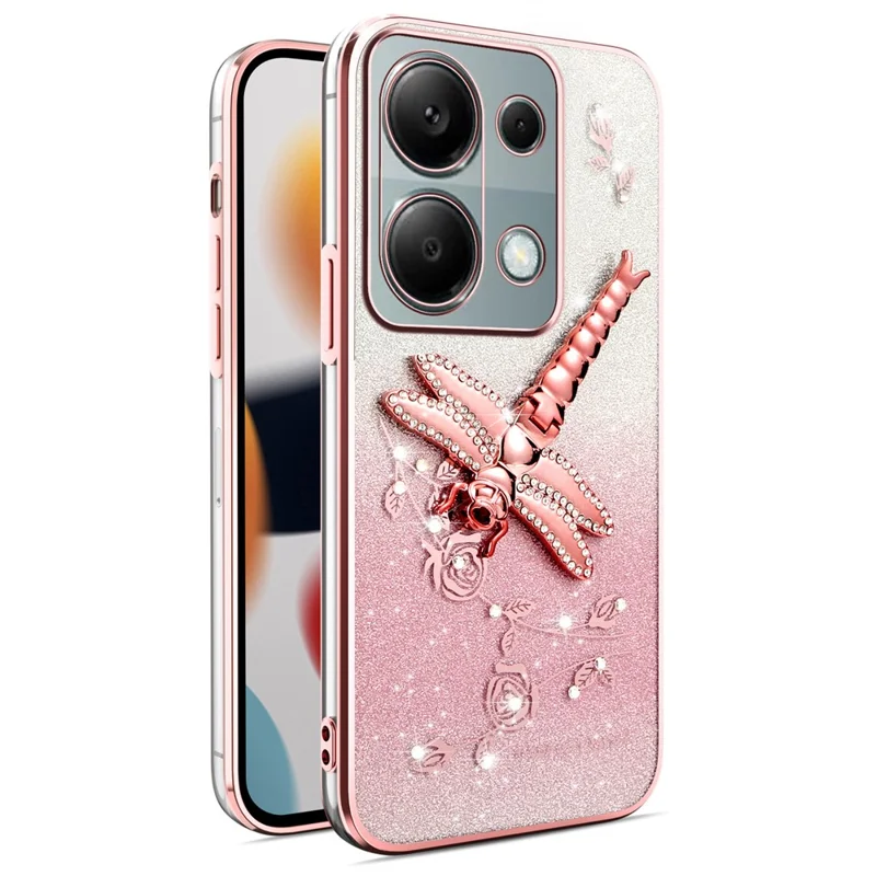 Cover KADEM per Xiaomi Redmi Note 13 Pro 4G / Note 14S 4G / Poco M6 Pro 4G, Cover TPU con Libellula, Supporto e Glitter Floreale - Rosa