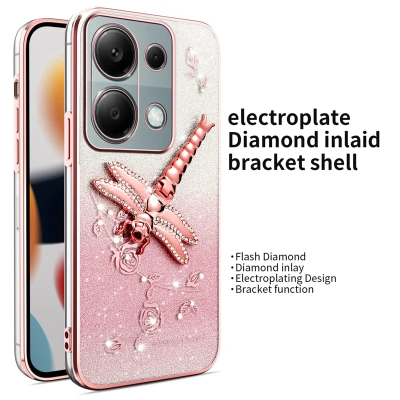 Cover KADEM per Xiaomi Redmi Note 13 Pro 4G / Note 14S 4G / Poco M6 Pro 4G, Cover TPU con Libellula, Supporto e Glitter Floreale - Rosa