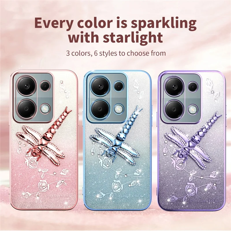 Cover KADEM per Xiaomi Redmi Note 13 Pro 4G / Note 14S 4G / Poco M6 Pro 4G, Cover TPU con Libellula, Supporto e Glitter Floreale - Rosa