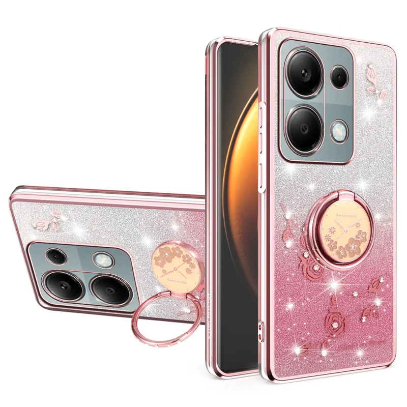 KADEM Per Xiaomi Redmi Note 13 Pro 4G / Note 14S 4G / Poco M6 Pro 4G Cover con Anello Supporto TPU Fiori Custodia Telefono Sfumata Glitter - Oro Rosa