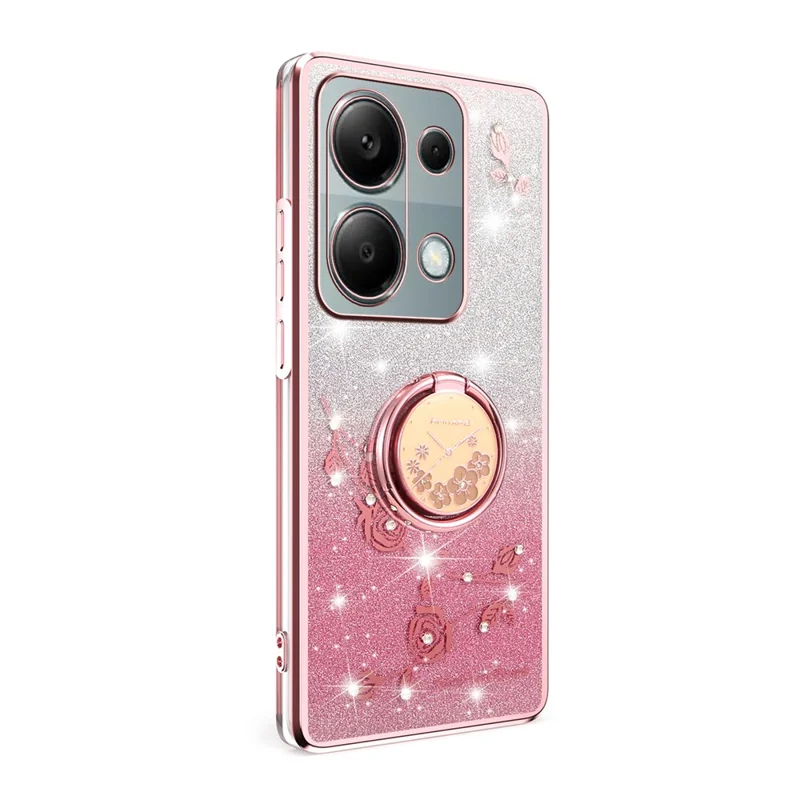 KADEM Per Xiaomi Redmi Note 13 Pro 4G / Note 14S 4G / Poco M6 Pro 4G Cover con Anello Supporto TPU Fiori Custodia Telefono Sfumata Glitter - Oro Rosa