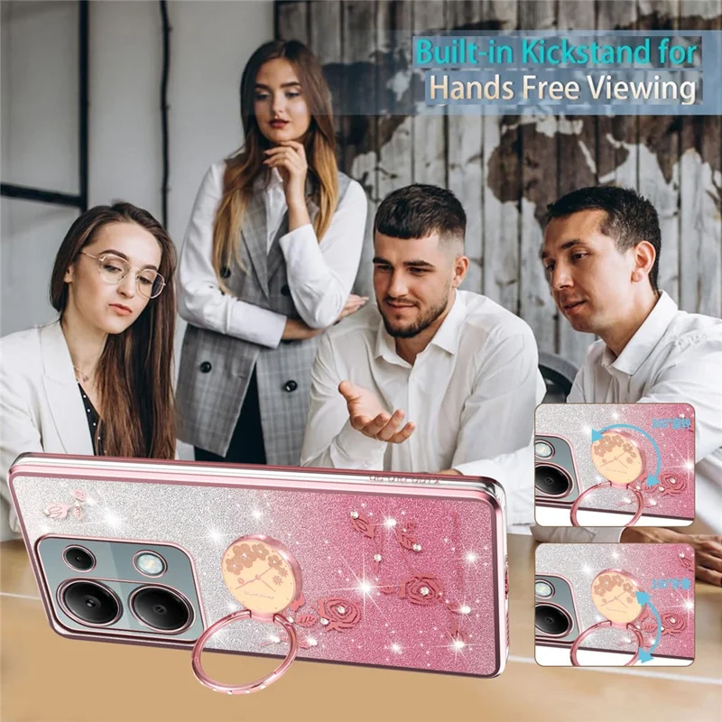 KADEM Per Xiaomi Redmi Note 13 Pro 4G / Note 14S 4G / Poco M6 Pro 4G Cover con Anello Supporto TPU Fiori Custodia Telefono Sfumata Glitter - Oro Rosa