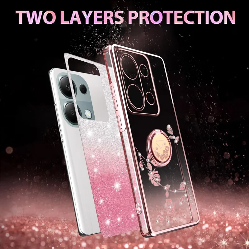 KADEM Per Xiaomi Redmi Note 13 Pro 4G / Note 14S 4G / Poco M6 Pro 4G Cover con Anello Supporto TPU Fiori Custodia Telefono Sfumata Glitter - Oro Rosa