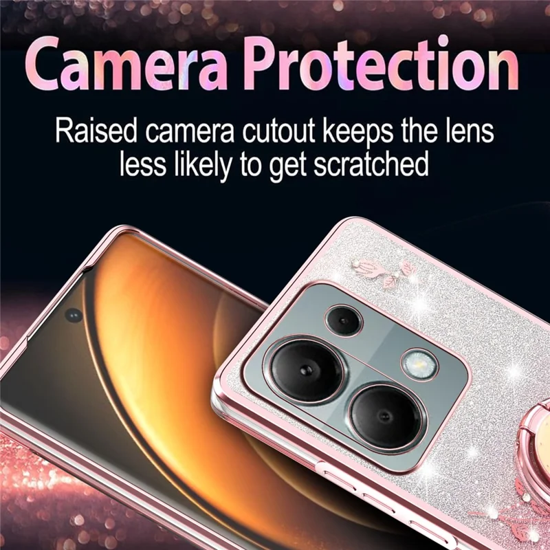 KADEM Per Xiaomi Redmi Note 13 Pro 4G / Note 14S 4G / Poco M6 Pro 4G Cover con Anello Supporto TPU Fiori Custodia Telefono Sfumata Glitter - Oro Rosa