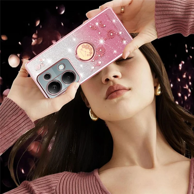 KADEM Per Xiaomi Redmi Note 13 Pro 4G / Note 14S 4G / Poco M6 Pro 4G Cover con Anello Supporto TPU Fiori Custodia Telefono Sfumata Glitter - Oro Rosa
