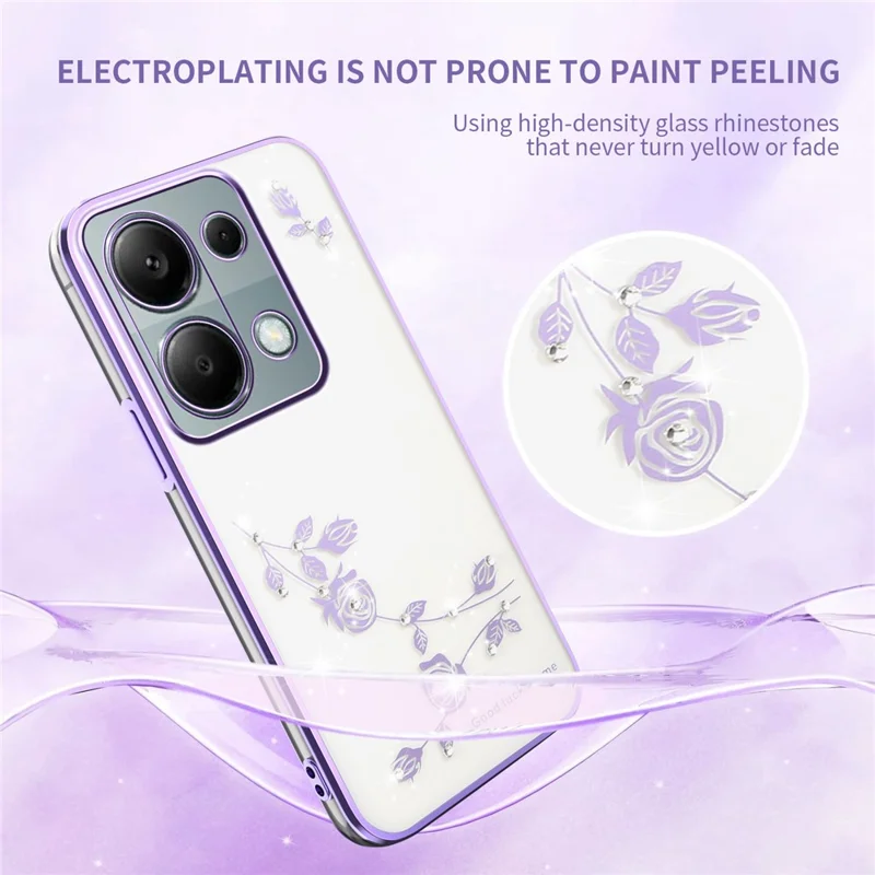 Capa de Telefone KADEM para Xiaomi Redmi Note 13 Pro 4G / Note 14S 4G / Poco M6 Pro 4G, Decoração de Strass Floral em TPU - Roxo