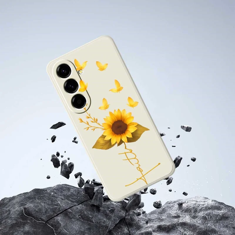 For Samsung Galaxy A56 5G Case Golden Butterfly Sunflower Pattern Printing Straight Edge TPU Phone Back Cover - Beige