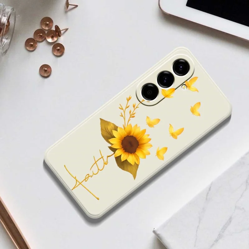 For Samsung Galaxy A56 5G Case Golden Butterfly Sunflower Pattern Printing Straight Edge TPU Phone Back Cover - Beige