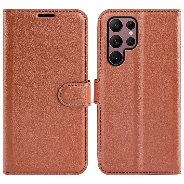For Samsung Galaxy S23 Ultra Mobile Phone Case Litchi Texture PU Leather Full Protection Flip Stand Wallet Phone Cover - Brown