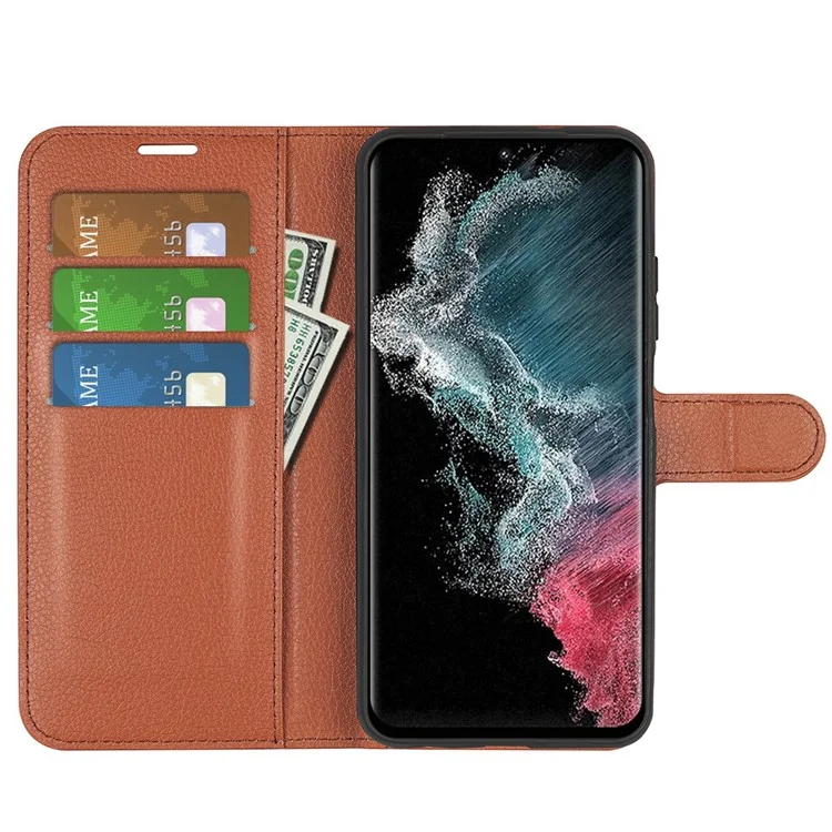 For Samsung Galaxy S23 Ultra Mobile Phone Case Litchi Texture PU Leather Full Protection Flip Stand Wallet Phone Cover - Brown