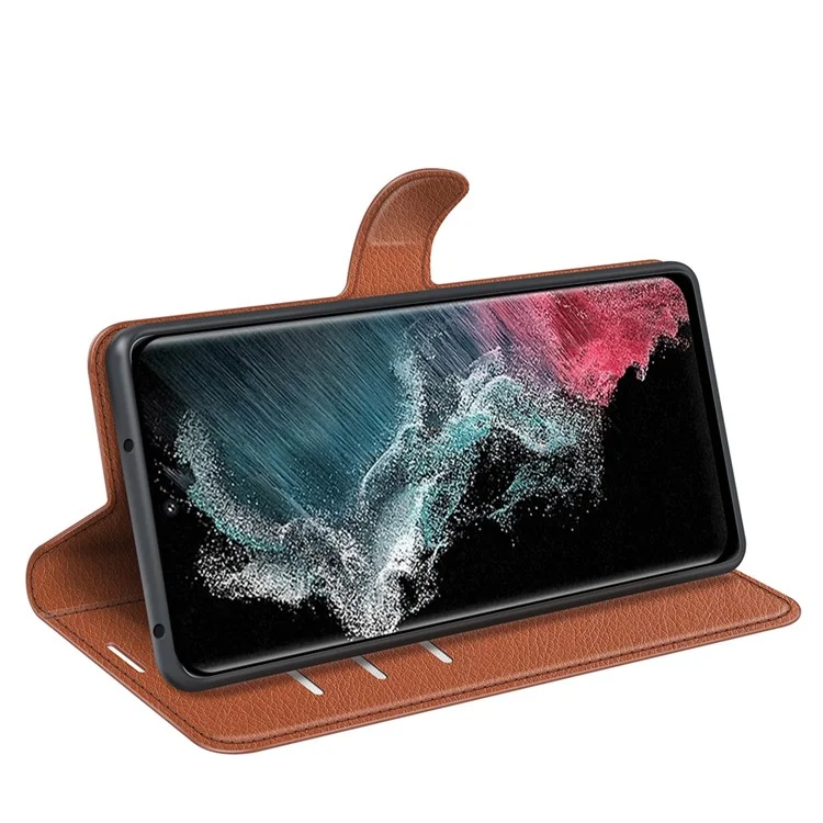 For Samsung Galaxy S23 Ultra Mobile Phone Case Litchi Texture PU Leather Full Protection Flip Stand Wallet Phone Cover - Brown