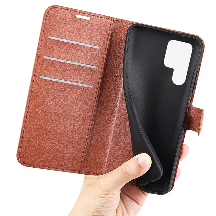 For Samsung Galaxy S23 Ultra Mobile Phone Case Litchi Texture PU Leather Full Protection Flip Stand Wallet Phone Cover - Brown