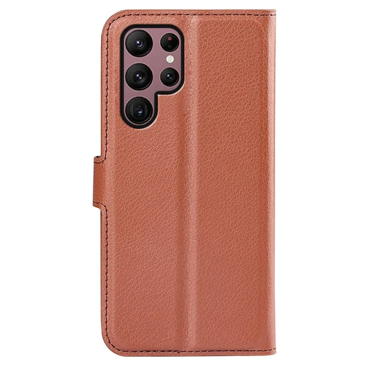 For Samsung Galaxy S23 Ultra Mobile Phone Case Litchi Texture PU Leather Full Protection Flip Stand Wallet Phone Cover - Brown