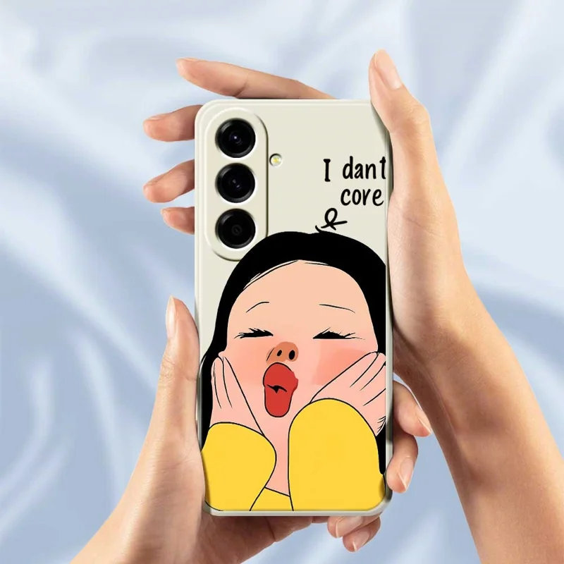 For Samsung Galaxy A56 5G Case Girl Holding Face Pattern Printing Straight Edge TPU Phone Back Cover - Beige