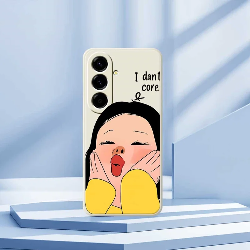 For Samsung Galaxy A56 5G Case Girl Holding Face Pattern Printing Straight Edge TPU Phone Back Cover - Beige