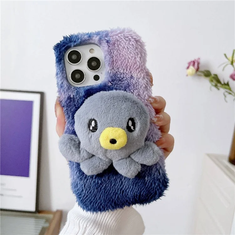 For iPhone 14 Pro Max Plush Octopus Doll Soft Fluffy Phone Case Anti-scratch TPU Protective Cover - Blue