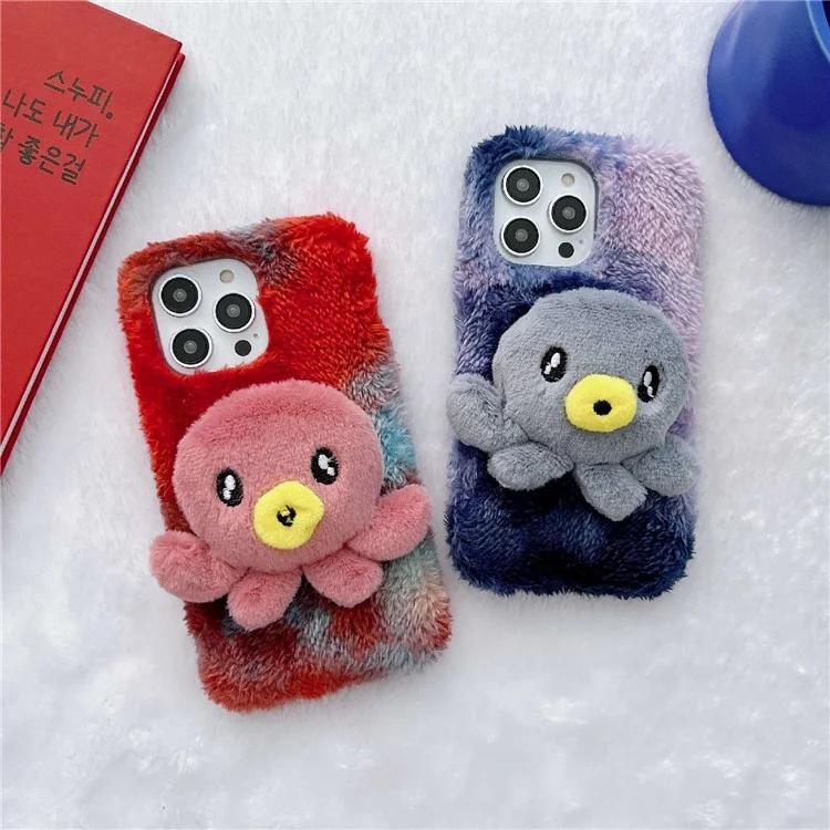 For iPhone 14 Pro Max Plush Octopus Doll Soft Fluffy Phone Case Anti-scratch TPU Protective Cover - Blue