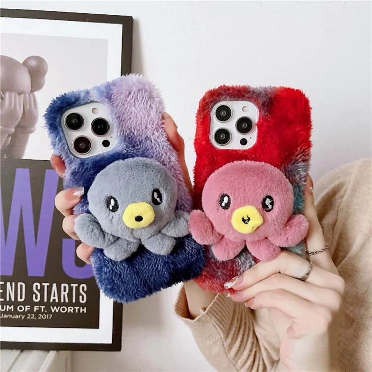 For iPhone 14 Pro Max Plush Octopus Doll Soft Fluffy Phone Case Anti-scratch TPU Protective Cover - Blue