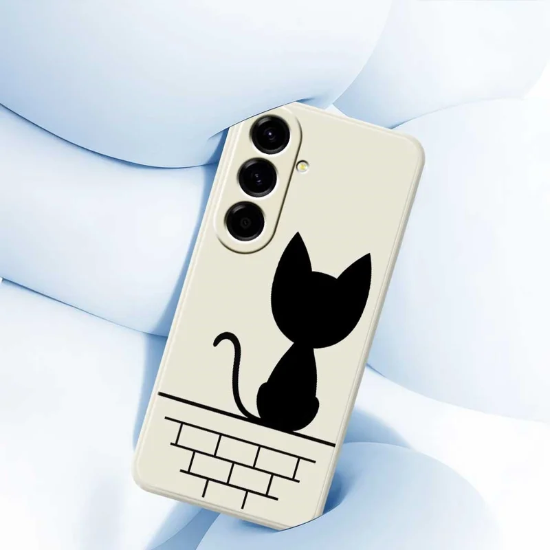 For Samsung Galaxy A56 5G Case Black Cat on the Wall Pattern Printing Straight Edge TPU Phone Back Cover - Beige