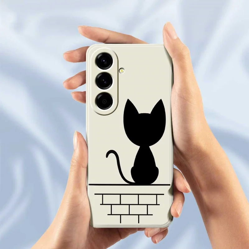 For Samsung Galaxy A56 5G Case Black Cat on the Wall Pattern Printing Straight Edge TPU Phone Back Cover - Beige