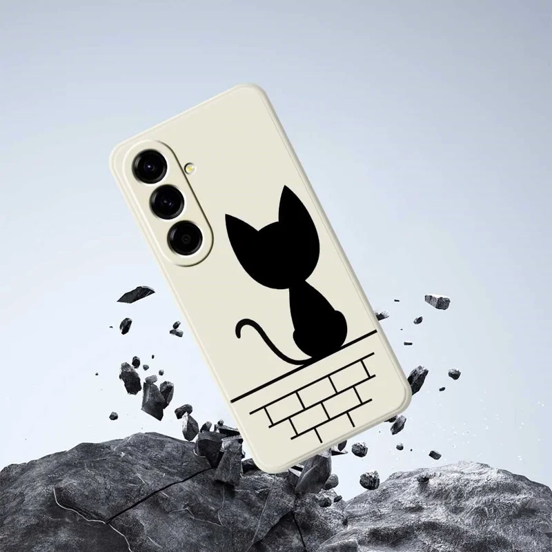 For Samsung Galaxy A56 5G Case Black Cat on the Wall Pattern Printing Straight Edge TPU Phone Back Cover - Beige