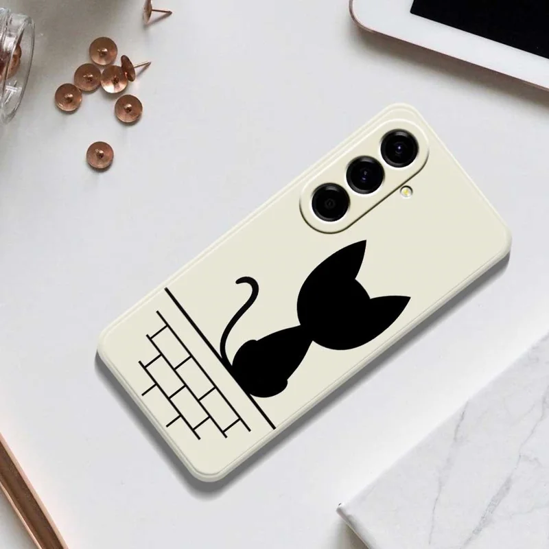 For Samsung Galaxy A56 5G Case Black Cat on the Wall Pattern Printing Straight Edge TPU Phone Back Cover - Beige