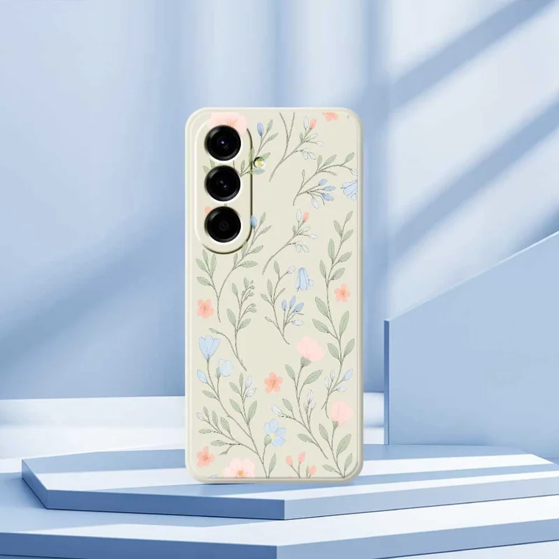 For Samsung Galaxy A56 5G Case Pink Blue Flowers Pattern Printing Straight Edge TPU Phone Back Cover - Beige