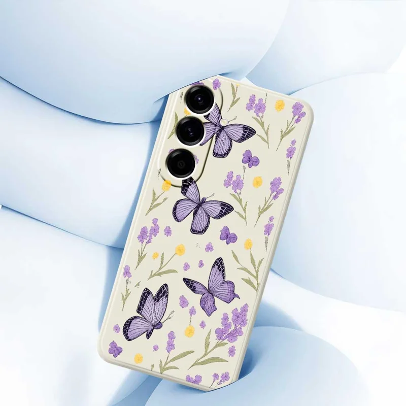 For Samsung Galaxy A56 5G Case Purple Butterflies Pattern Printing Straight Edge TPU Phone Back Cover - Beige