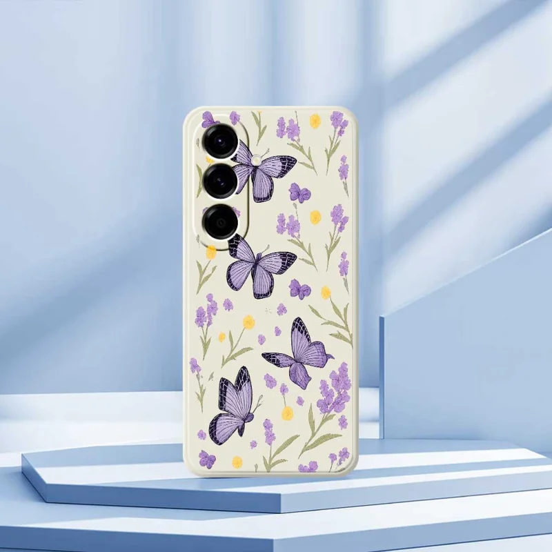 For Samsung Galaxy A56 5G Case Purple Butterflies Pattern Printing Straight Edge TPU Phone Back Cover - Beige