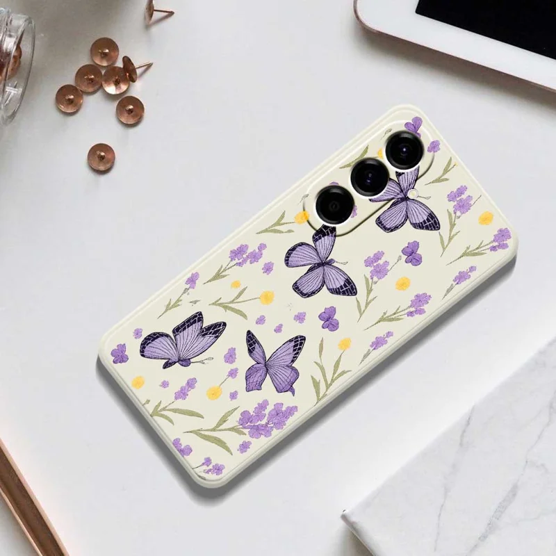 For Samsung Galaxy A56 5G Case Purple Butterflies Pattern Printing Straight Edge TPU Phone Back Cover - Beige