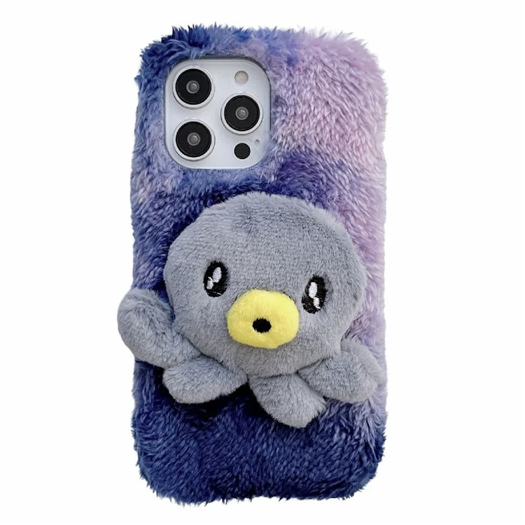 For iPhone 14 Pro Octopus Plush Doll Decor Winter Fluffy Phone Case Drop-proof TPU Cover - Blue
