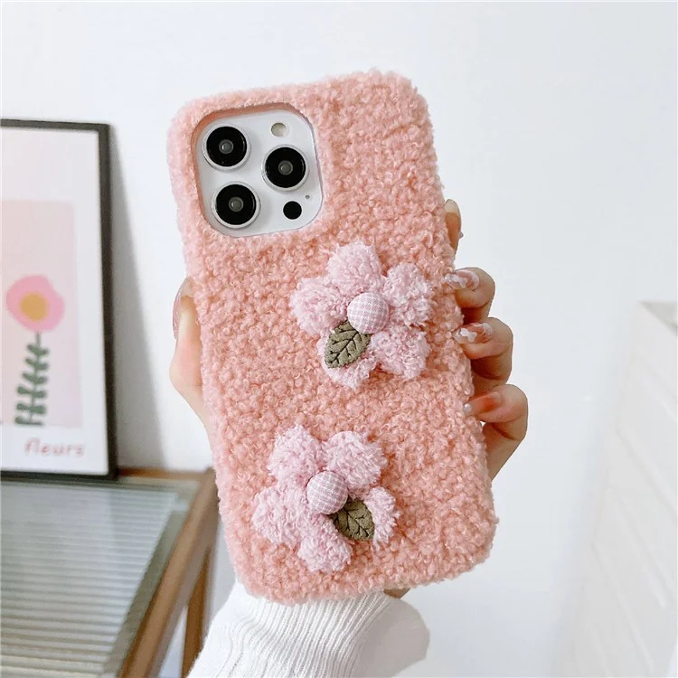 Для Iphone 14 Pro Max Flower Decor Plush + TPU Soft Case Anti-dop Protection Protection Cover Phone - Розовый