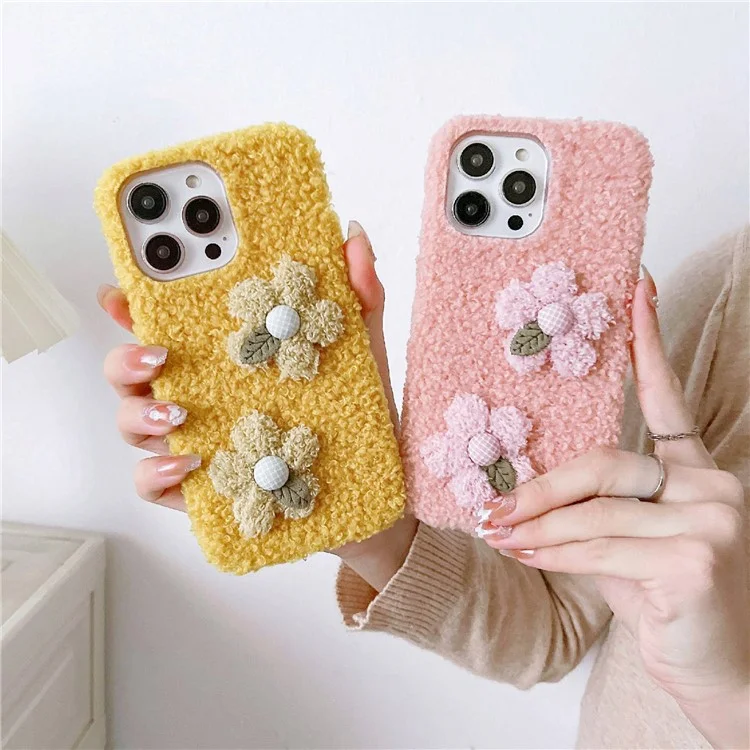 Для Iphone 14 Pro Max Flower Decor Plush + TPU Soft Case Anti-dop Protection Protection Cover Phone - Розовый