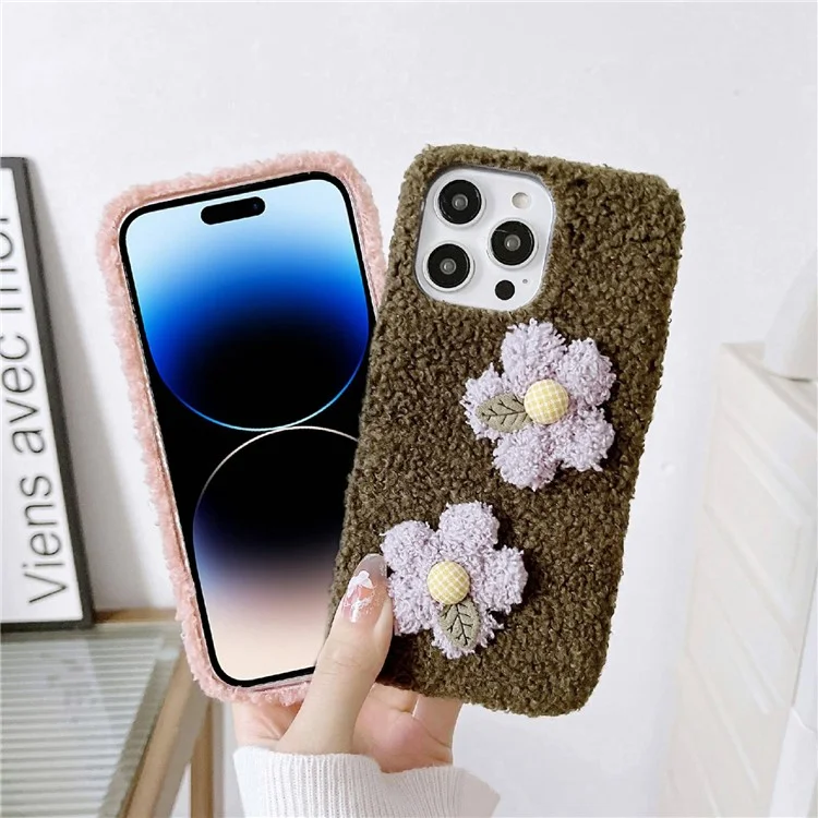 Для Iphone 14 Pro Max Flower Decor Plush + TPU Soft Case Anti-dop Protection Protection Cover Phone - Розовый