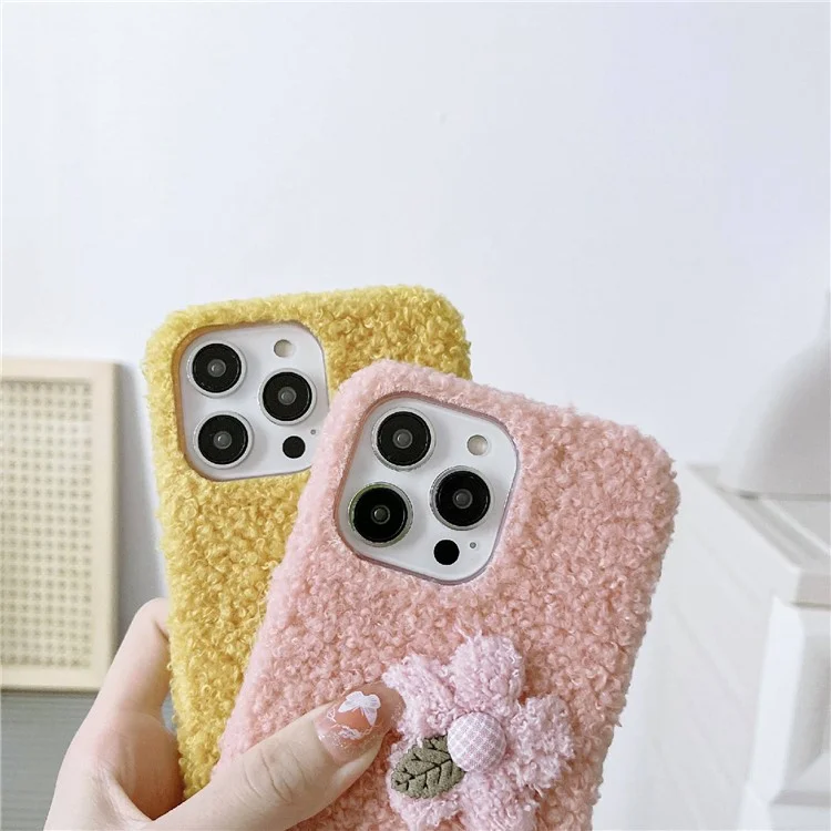 Для Iphone 14 Pro Max Flower Decor Plush + TPU Soft Case Anti-dop Protection Protection Cover Phone - Розовый