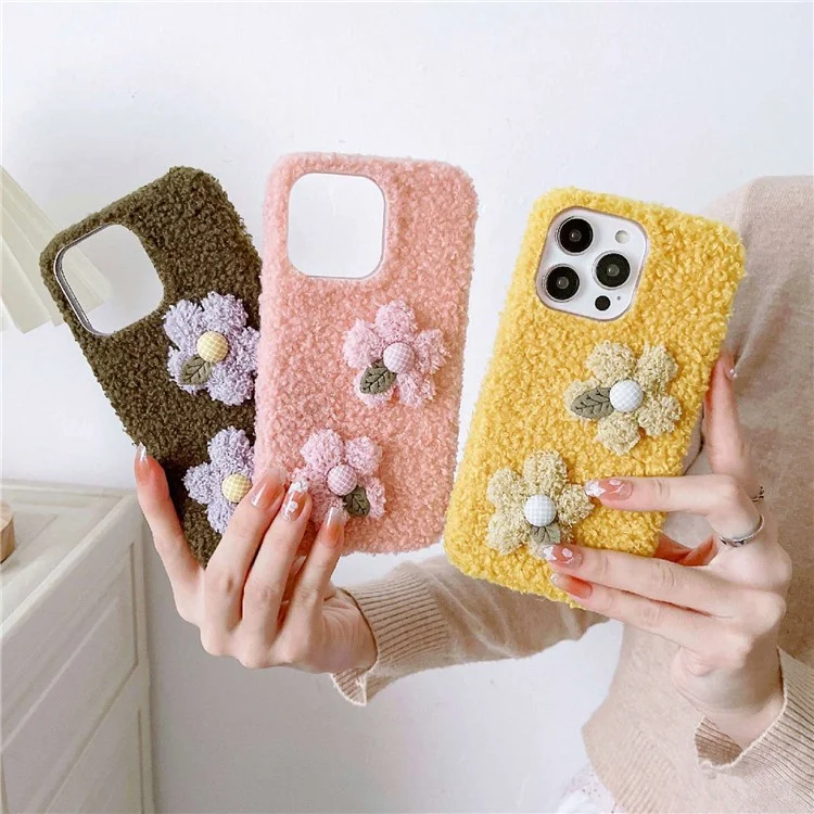 Для Iphone 14 Pro Max Flower Decor Plush + TPU Soft Case Anti-dop Protection Protection Cover Phone - Розовый