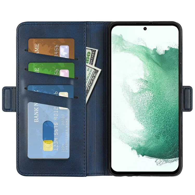 Pour Samsung Galaxy S23+ Calf Texture PU Leather Dual Magnetic Clasp Phone Case Anti-scratch Stand Wallet Cover - Blue