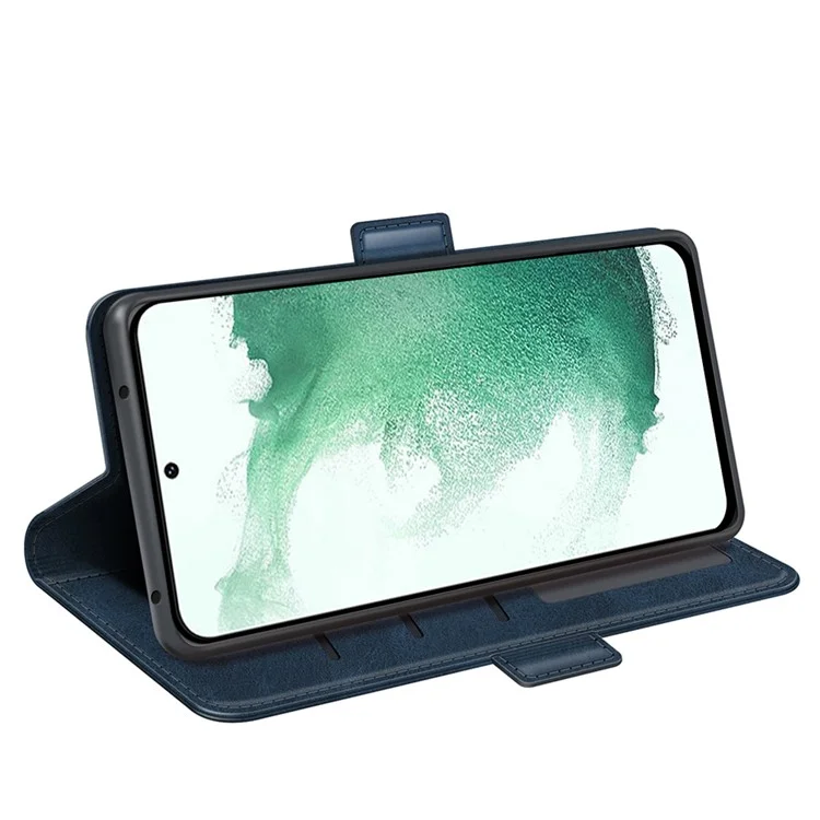 Pour Samsung Galaxy S23+ Calf Texture PU Leather Dual Magnetic Clasp Phone Case Anti-scratch Stand Wallet Cover - Blue