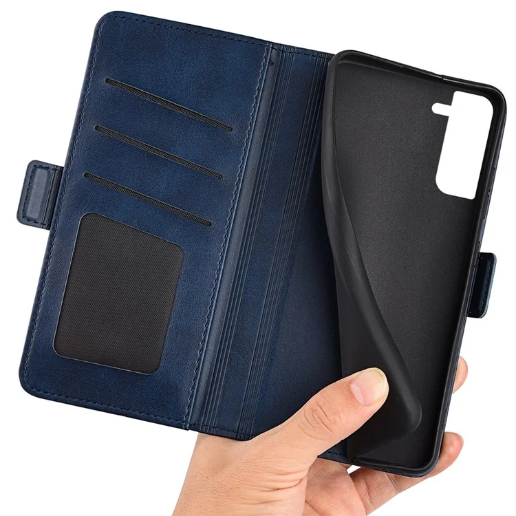 Pour Samsung Galaxy S23+ Calf Texture PU Leather Dual Magnetic Clasp Phone Case Anti-scratch Stand Wallet Cover - Blue