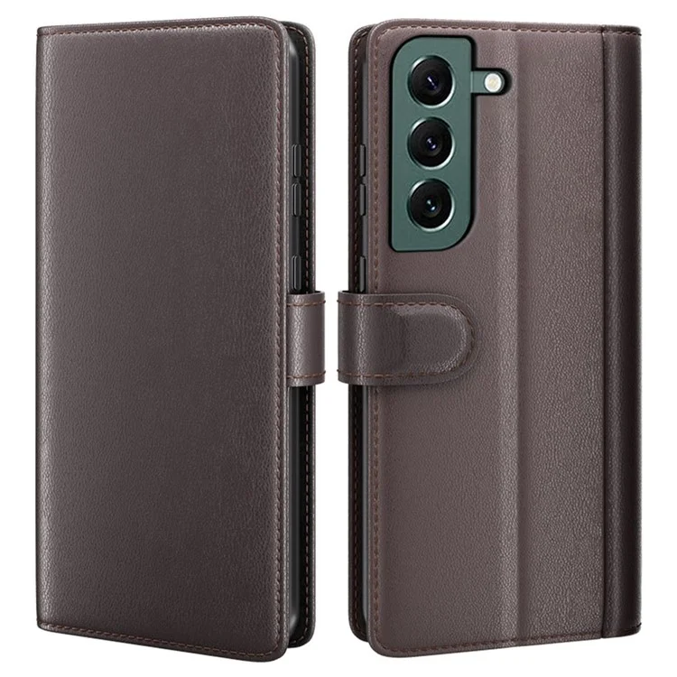 For Samsung Galaxy S23+ Case Genuine Split Leather Phone Cover with Wallet Stand - Brown