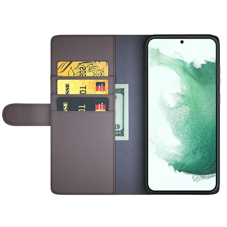 For Samsung Galaxy S23+ Case Genuine Split Leather Phone Cover with Wallet Stand - Brown