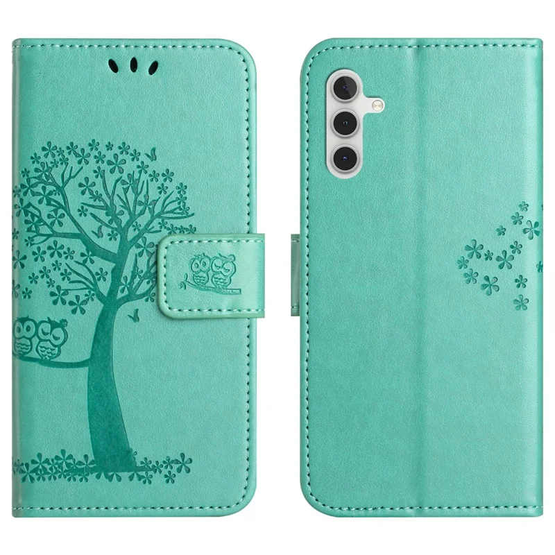 For Samsung Galaxy S25 FE Case PU Leather Owl Tree Imprinted Wallet Phone Cover with Strap - Cyan