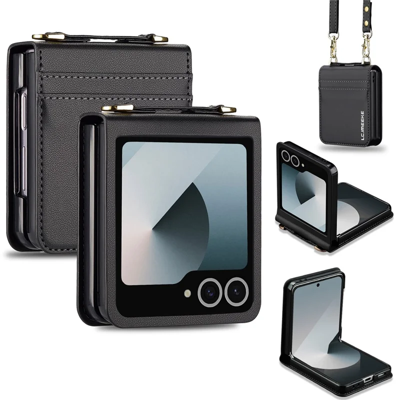 LC.IMEEKE L1 Series Capa para Samsung Galaxy Z Flip7 5G com Porta-cartões, Alça de Ombro e Pulso em Couro - Preto