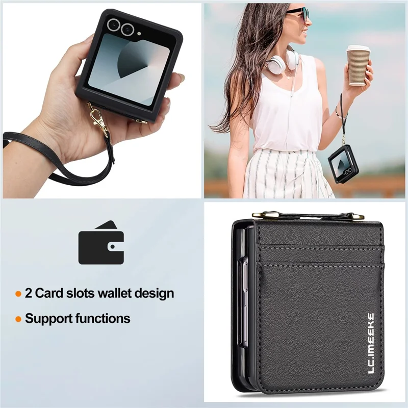 LC.IMEEKE L1 Series Capa para Samsung Galaxy Z Flip7 5G com Porta-cartões, Alça de Ombro e Pulso em Couro - Preto